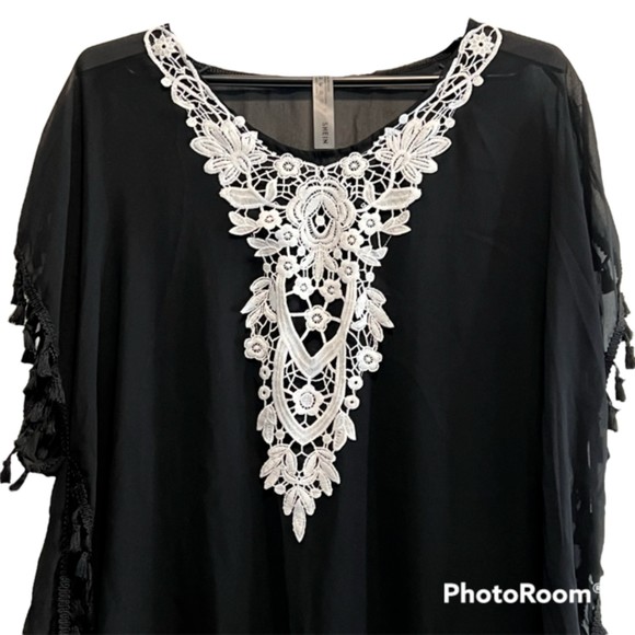 SHEIN Black Sheer Floral Embroidered Poncho Tasseled Hem Loose Tunic Size Medium - Picture 3 of 11